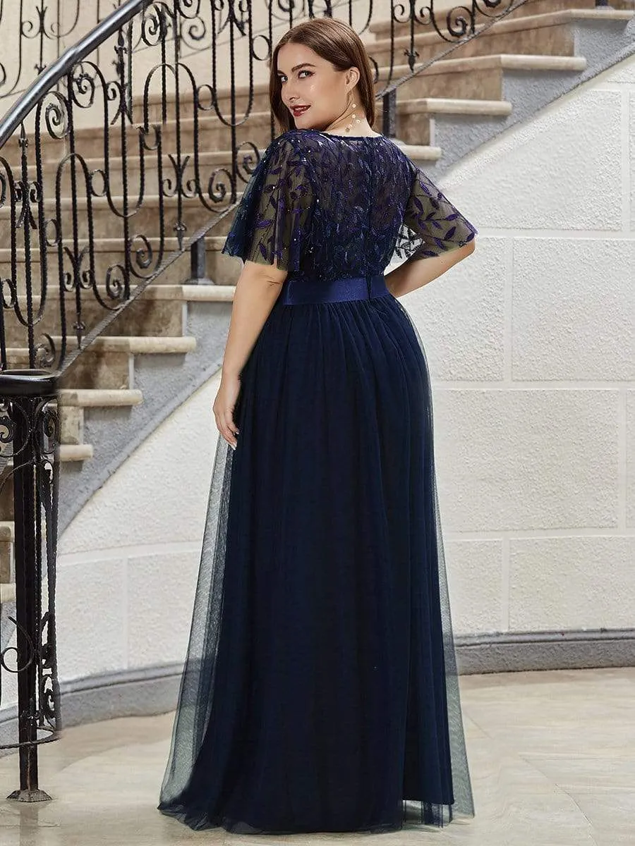 Women's A-Line Short Sleeve Embroidery Floor Length Evening Dresses