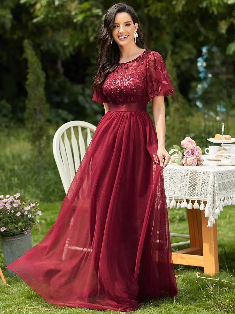Women's A-Line Short Sleeve Embroidery Floor Length Evening Dresses