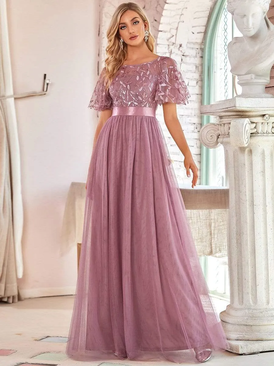 Women's A-Line Short Sleeve Embroidery Floor Length Evening Dresses
