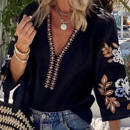 Women's Boho Floral Embroidered V-Neck Blouse in Black