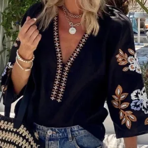 Women's Boho Floral Embroidered V-Neck Blouse in Black