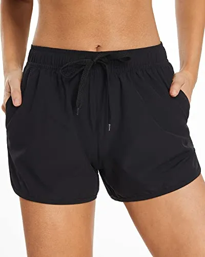 Women's Sporty Boardshorts Pockets Drawstring Swim Trunks For Teen Girls-Black
