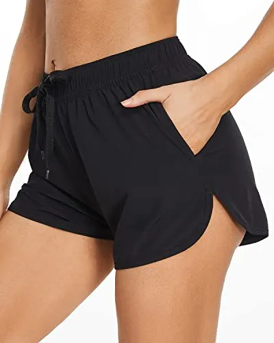 Women's Sporty Boardshorts Pockets Drawstring Swim Trunks For Teen Girls-Black