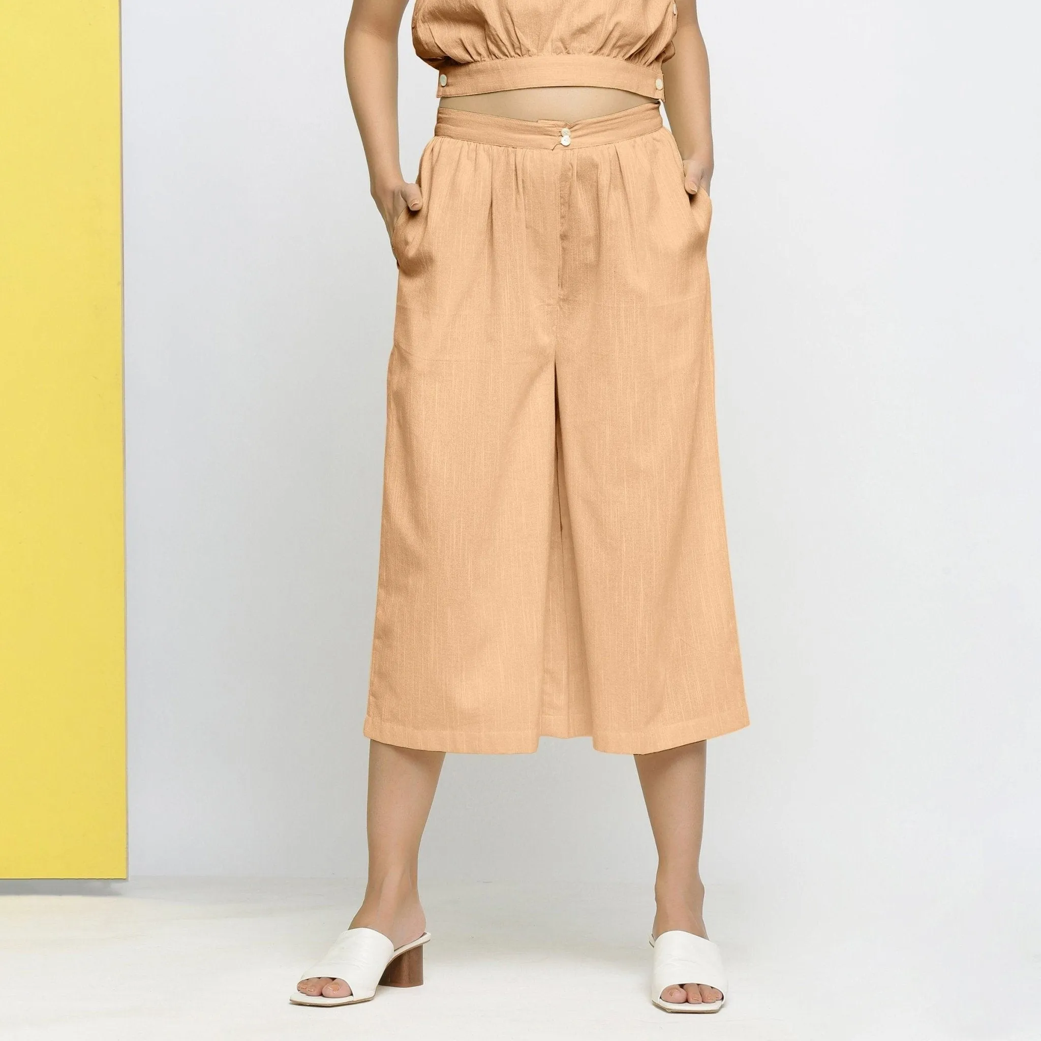 Yellow Yarn Dyed 100% Cotton Flared Culottes
